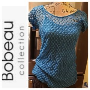 Bobeau, Teal Blue, Sheer Textured Top with Cami, M